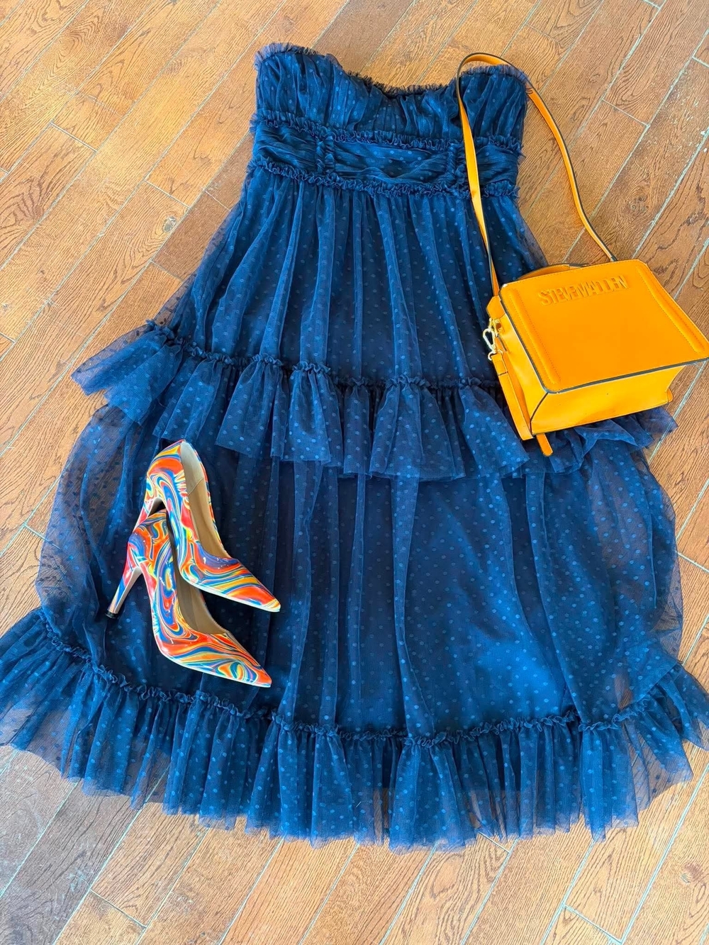 Lulu's Navy Blue Strapless Ruffled Tulle Midi Dress